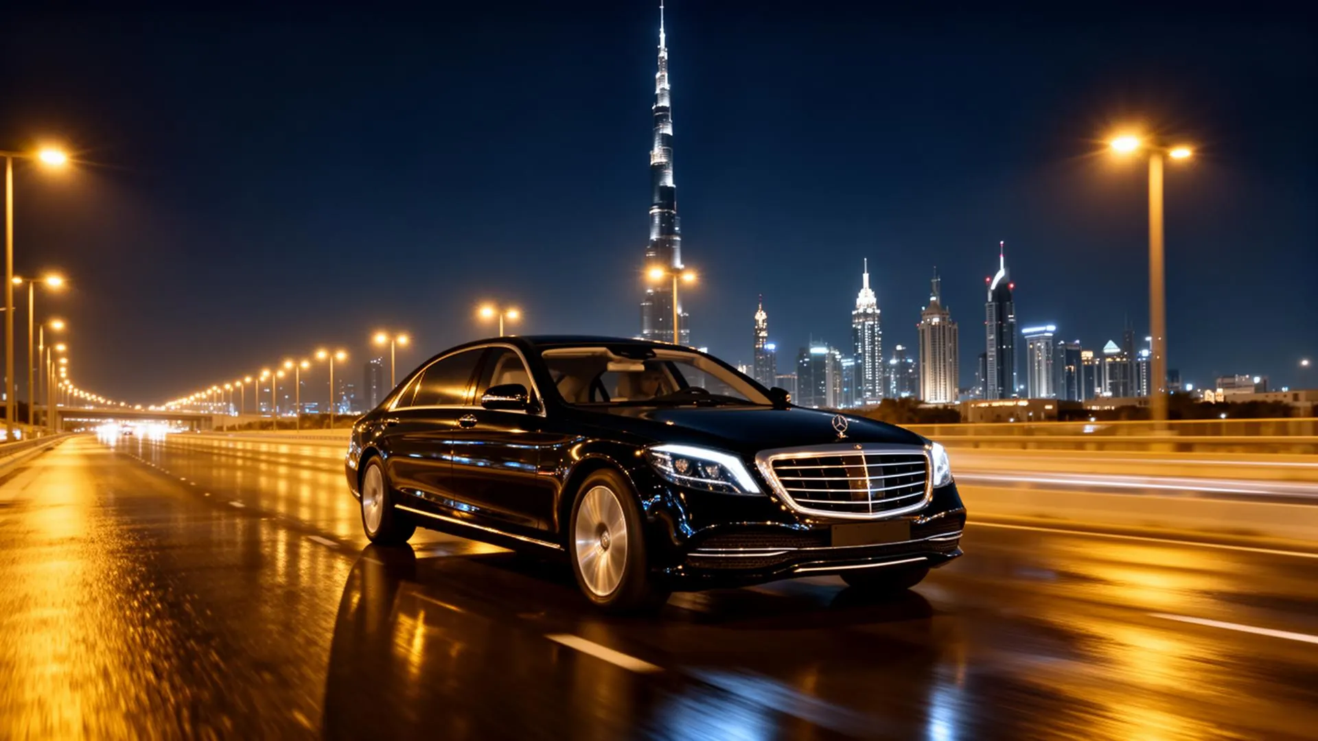 Black Mercedes S-Class chauffeured on Sheikh Zayed Road at night, Burj Khalifa lit in background